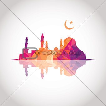 Colorful mosaic design - Mosque and Crescent moon, mirror effect, red color