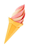 Fruit pink and vanilla ice-cream in waffle cone of origami.