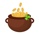 Cauldron with coins, icon flat style. St. Patrick's Day symbol. Isolated on white background. Vector illustration.