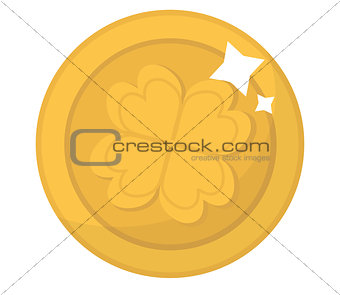 Gold coin with clover, icon flat style. St. Patrick's Day symbol. Isolated on white background. Vector illustration.