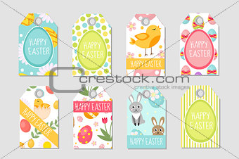 Cute Easter tags set. Labels collection with  rabbit, eggs and flowers. Spring templates for your design. Vector illustration