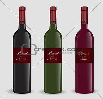 Realistic wine bottle set. Isolated on white background. 3d glass bottles mock-up. Vector illustration.