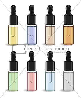 Realistic Essential oil or herbal medicine package isolated on white background. Essence mock-up product bottle. Cosmetics 3d flacon. Transparent vape liquid . Vector illustration