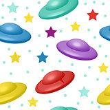 Kids cute seamless pattern with UFO, endless background. Vector illustration.