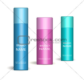 Realistic spray set. Isolated on white background. 3d Cosmetics bottle, deodorant mock-up. Product packaging collection. Vector illustration.