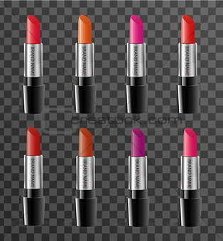Realistic lipstick package template for your design. Rouge tube mock-up product on a transparent background. Cosmetics 3d flacon. Vector.