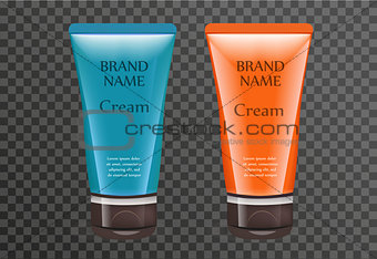 Realistic sun cream package template for your design. Sunscreen tube mock-up product bottle with a transparent background. Cosmetics 3d flacon. Vector illustration.