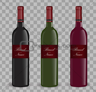 Realistic wine bottle set. Isolated on white background. 3d glass bottles mock-up. Vector illustration