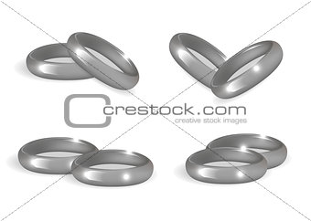 Realistic wedding silver rings set. 3d bands collection isolated on white background. Vector illustration.