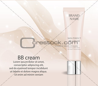 Realistic BB cream, foundation design template for cosmetics. Makeup, clean skin concept. 3d tube of Toner mock-up. Vector illustration