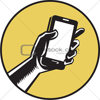 Hand Holding Smartphone Circle Woodcut