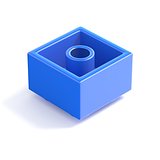 Blue plastic building block, children toy. Bottom view. 3D