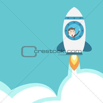 Businessman flying in rocket