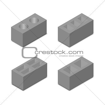 A set of isometric cinder blocks, vector illustration.