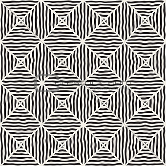 Rhombus Rough Hand Drawn Lines. Vector Seamless Black and White Pattern