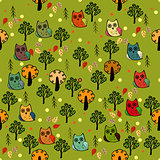 Owls forest vector seamless pattern