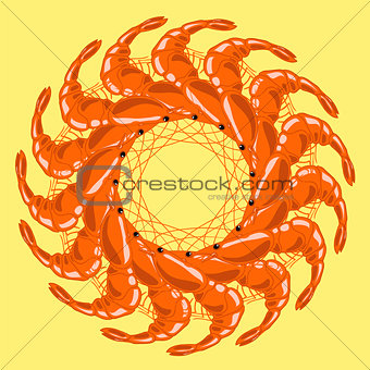 Cooked Red Shrimps Isolated on Yellow Background