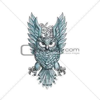 Owl Swooping Wings Clock Gears Tattoo 