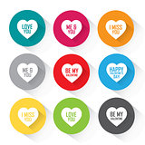 Heart flat icon set with different greetings
