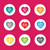 Heart flat icon set with different greetings