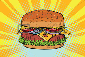 Retro juicy delicious Burger with meat and salad