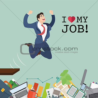 Happy businessman jumping in the work