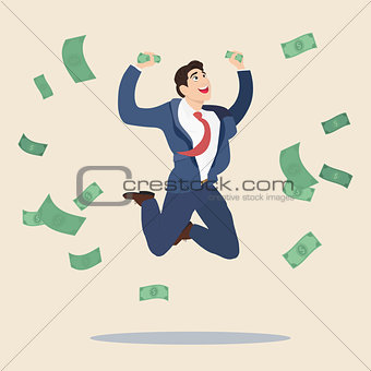 Happy business man getting a lot of money and jumping