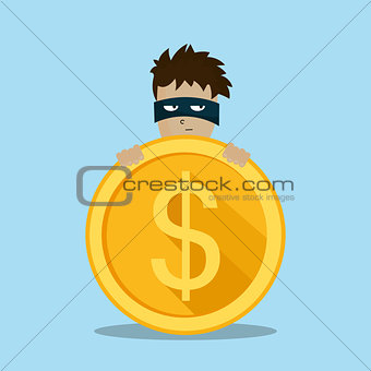 Thief in black suite and mask holding a money in his hands