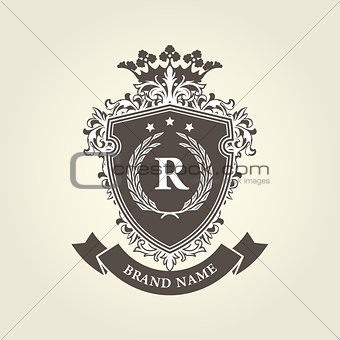 Medieval royal coat of arms - shield with crown and laurel wreat