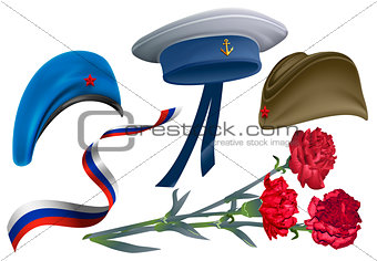 Defender of Fatherland Day. Set of accessories for greeting card field cap, peakless hat, beret, carnation flower bouquet, ribbon Russian flag