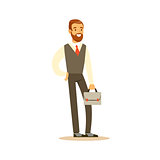 Beardy Businessman With Suitcase, Business Office Employee In Official Dress Code Clothing Busy At Work Smiling Cartoon Characters