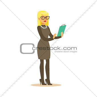 Businesswoman With Clipboard, Business Office Employee In Official Dress Code Clothing Busy At Work Smiling Cartoon Characters