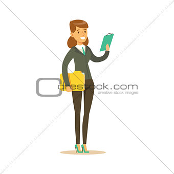 Businesswoman With Clipboard, Business Office Employee In Official Dress Code Clothing Busy At Work Smiling Cartoon Characters