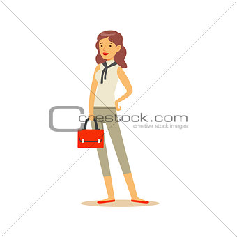 Businesswoman With Handbag, Business Office Employee In Official Dress Code Clothing Busy At Work Smiling Cartoon Characters