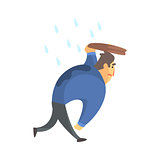 Businessman Top Manager In A Suit Walking Under Rain, Office Job Situation Illustration