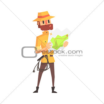 Adventurer Archeologist In Safari Outfit And Hat Studying The Map Illustration From Funny Archeology Scientist Series
