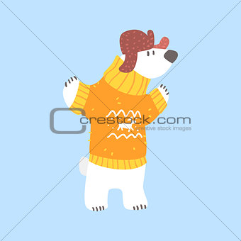 Polar White Bear In Sweater And Cap With Ear Flaps, Arctic Animal Dressed In Winter Human Clothes Cartoon Character