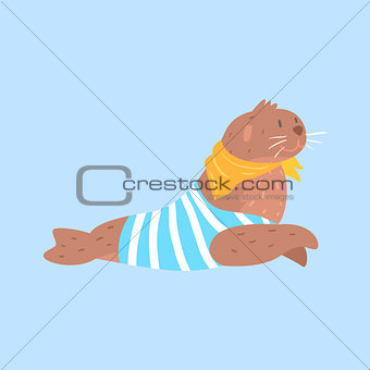 Seal In Sailor Shirt And Scarf, Arctic Animal Dressed In Winter Human Clothes Cartoon Character