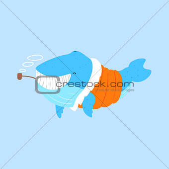 Blue Whale Smoking Pipe In Padded Coat,Arctic Animal Dressed In Winter Human Clothes Cartoon Character