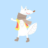 Polar White Fox In Vest And Scarf, Arctic Animal Dressed In Winter Human Clothes Cartoon Character