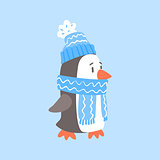 Penguin In Blue Scarf And Hat, Arctic Animal Dressed In Winter Human Clothes Cartoon Character