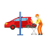 Smiling Mechanic Changing A Tire In The Garage, Car Repair Workshop Service Illustration