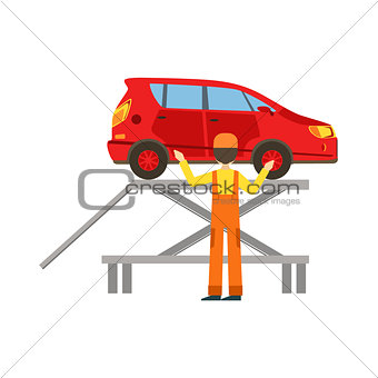 Smiling Mechanic Checking The Vehicle In The Garage, Car Repair Workshop Service Illustration