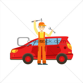 Smiling Mechanic With Wrench And Hammer In The Garage, Car Repair Workshop Service Illustration