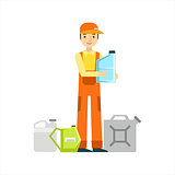 Smiling Mechanic With Oils Assortment In The Garage, Car Repair Workshop Service Illustration