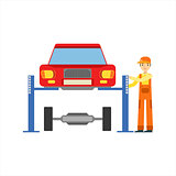 Smiling Mechanic Repairing The Suspension In The Garage, Car Repair Workshop Service Illustration