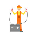 Smiling Mechanic Charging The Battery In The Garage, Car Repair Workshop Service Illustration