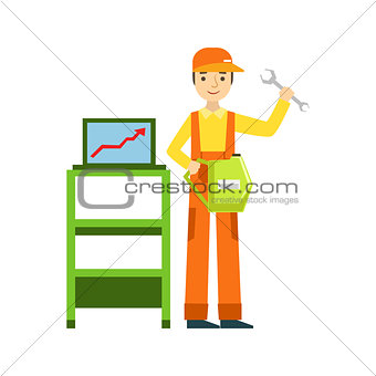 Smiling Mechanic With Wrench And Computer Diagnostics In The Garage, Car Repair Workshop Service Illustration