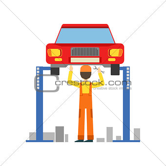 Smiling Mechanic Working Under Lifted Vehicle In The Garage, Car Repair Workshop Service Illustration
