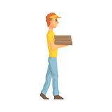 Guy Carrying Pile Of Pizza Boxes, Delivery Company Employee Delivering Shipments Illustration